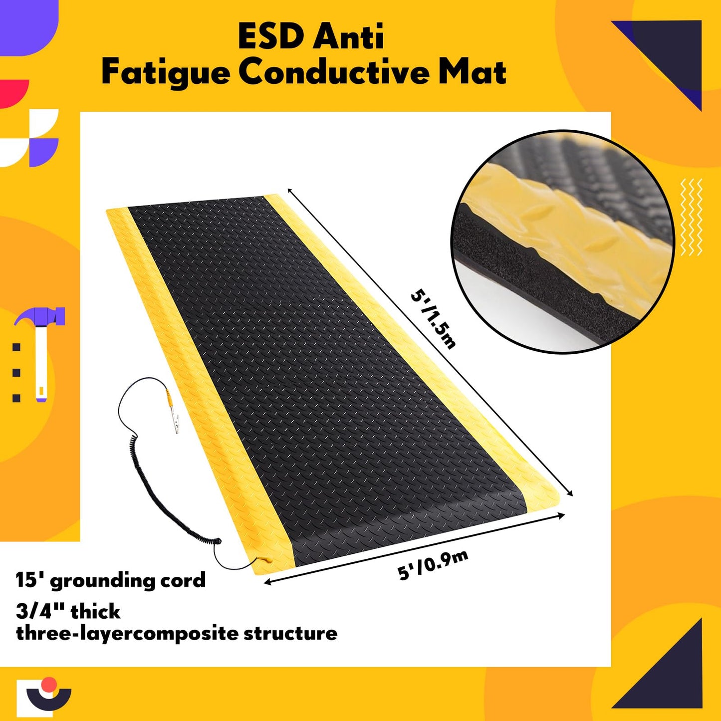 Drydiet 1 Pcs 3'x5' Anti Fatigue Mat Industrial, ESD Conductive Pad with Ground Wire, Heavy Duty Ergonomic Standing Floor Mat for Commercial Work, Shop Stand, Thick 3/4" Black with Yellow Border