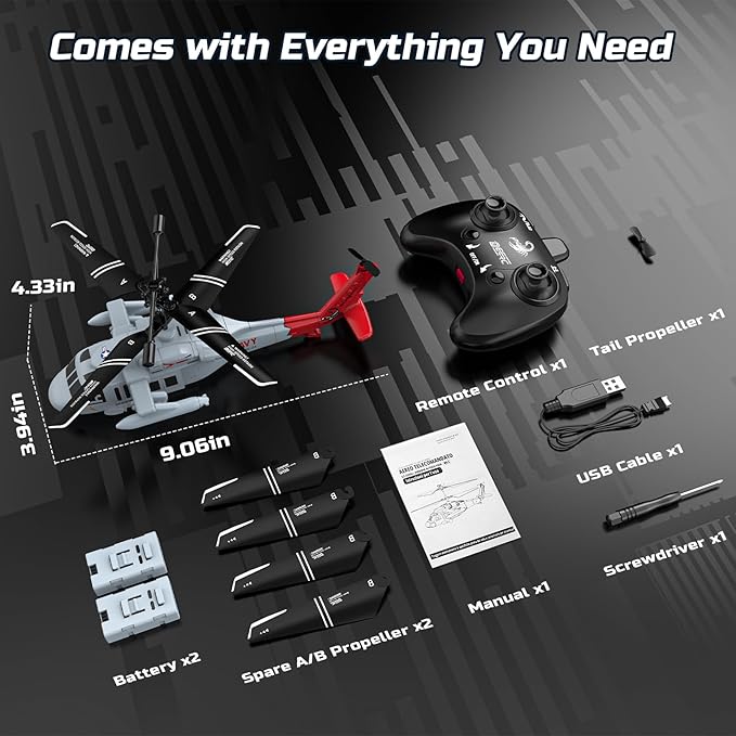 DEERC Black Hawk RC Helicopter Remote Control Helicopter with Red Scorpion Tail Design 24 Mins Flight (2 Batteries) Helicopters Toy for Kids LED Lights Altitude Hold Birthday Gift for Boys 8-12