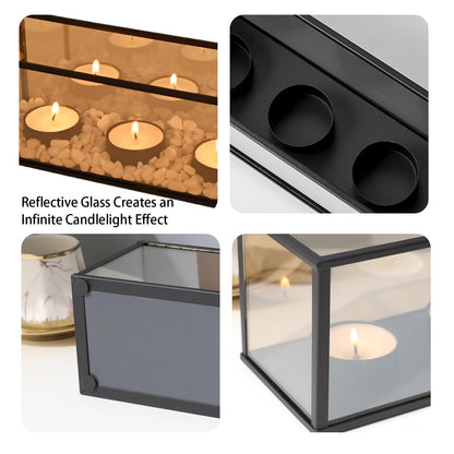 Black Metal Glass Frame Candle Holder with 3 Round Tealight Bases，Long Glass Tea Light Candle Holder Centerpiece Box, 8.5 x 3.15 x 3.15in (3 Candle Cup Bases)