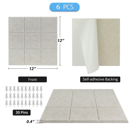 BXI Felt Bulletin Board - 12 X 12 X 0.4 Inches 6 Pcs Self-Adhesive Poster Cork Board with 30 Push Pins, Thick Pin Tiles Display Vision Board, Photo Picture Panels for Home Office Classroom Walls