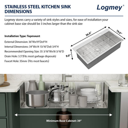 Logmey 36 Inch Drop In Kitchen Sink 36x19 Large Handmade Stainless Steel Sinks 16 Gauge Round Corner Topmount Single Bowl Kitchen Sinks 36x19x9 Inche