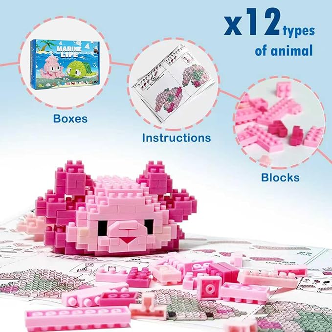 Party Favors 12 Packs Mini Marine Animals Micro Building Blocks Set Classroom Prizes Small Toy Prizes Goodie Bags Birthday Festival for Ages14+