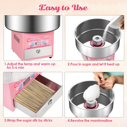 Garvee Candy Cotton Machine for Kids, Electric Commercial Candy Cotton Maker with 20 in Stainless Steel Bowl for Home Family Party Festival Pink