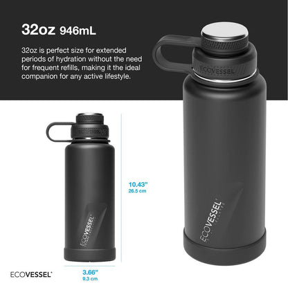 EcoVessel Stainless Steel Water Bottle with Insulated Dual Lid, Insulated Water Bottle with Strainer and Silicone Bottle Bumper, Coffee Mug – 32oz (Navy Nightfall)