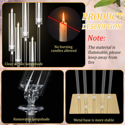 4 Set Floor Candelabra 5 Arm 46.5'' Tall Acrylic Candle Holders Tables Candelabra Centerpieces Wedding Candlestick Set with Clear Lampshade Gold Metal Base for Ceremony Party Home Decoration