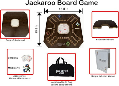 Jackaroo Board Game 2-4 Player Marble Strategy Game Solid Wooden Game with 16 Glass Marbles and 52 Cards Marble Chase Game Jokers and Marbles Board Game Foldable Board with Carry Bag (Walnut)