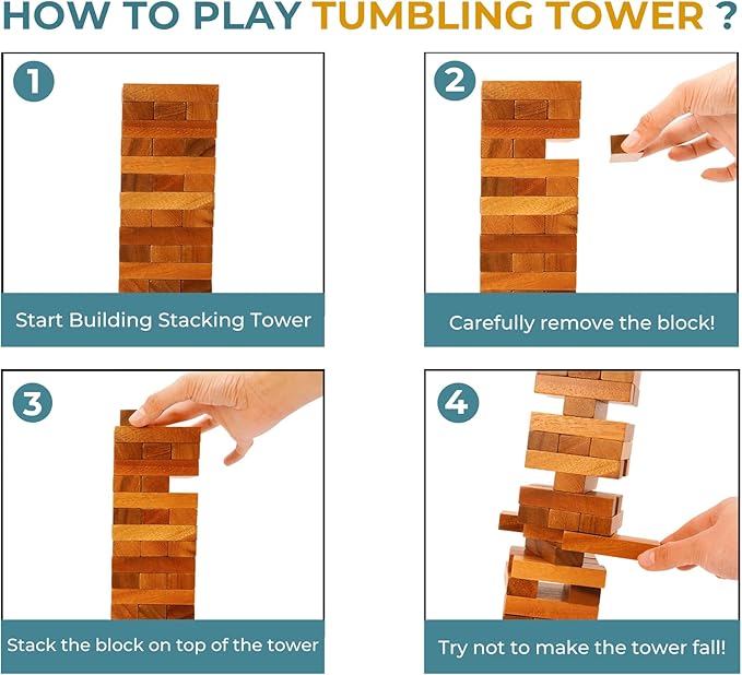BSIRI Wooden Tumbling Tower Family Game for Senior and Adult and Classic Stacking Party Block for Challenging Your Skills Wood Stack Towers Wooden Board Seniors Games for Adults