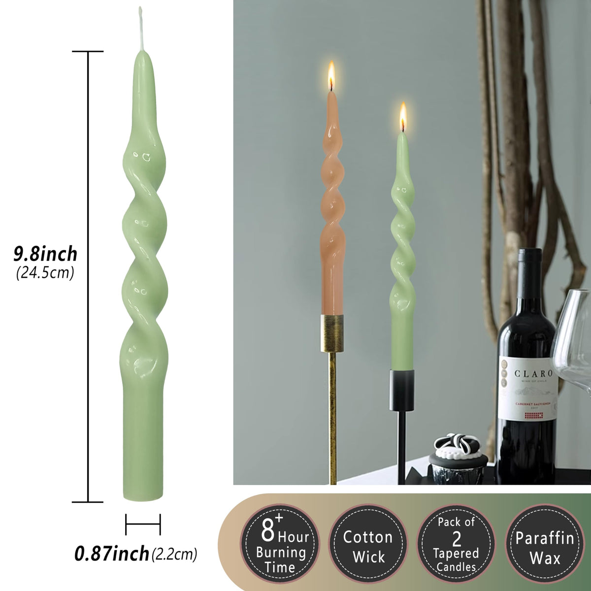 XINAOBAOLUO Spiral Taper Candles Twisted Candlestick 10 Inch Tall Candle Stick Smokeless Wax Candle Unscented Long Candles for Home Decoration Holiday Wedding Party, Brown & Green