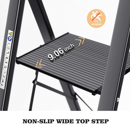 KINGRACK Aluminium 5 Step Ladder, Lightweight Step Stool with Non-Slip Pedals, Handrail, Folding Step Ladder for Kitchen, Garage, Home, Space Saving, Sturdy and Portable, Black