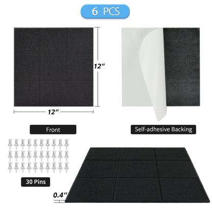 BXI Felt Bulletin Board - 12 X 12 X 0.4 Inches 6 Pcs Self-Adhesive Poster Cork Board with 30 Push Pins, Thick Pin Tiles Display Vision Board, Photo Picture Panels for Home Office Classroom Walls