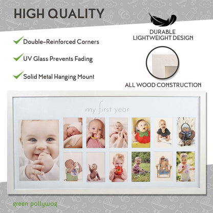 Green Pollywog | Baby's First Year Frame | Collage Frame For Baby In White | 12 Month Picture Frame | Milestone Photos | First Year Picture Mat | My First Year Photographs