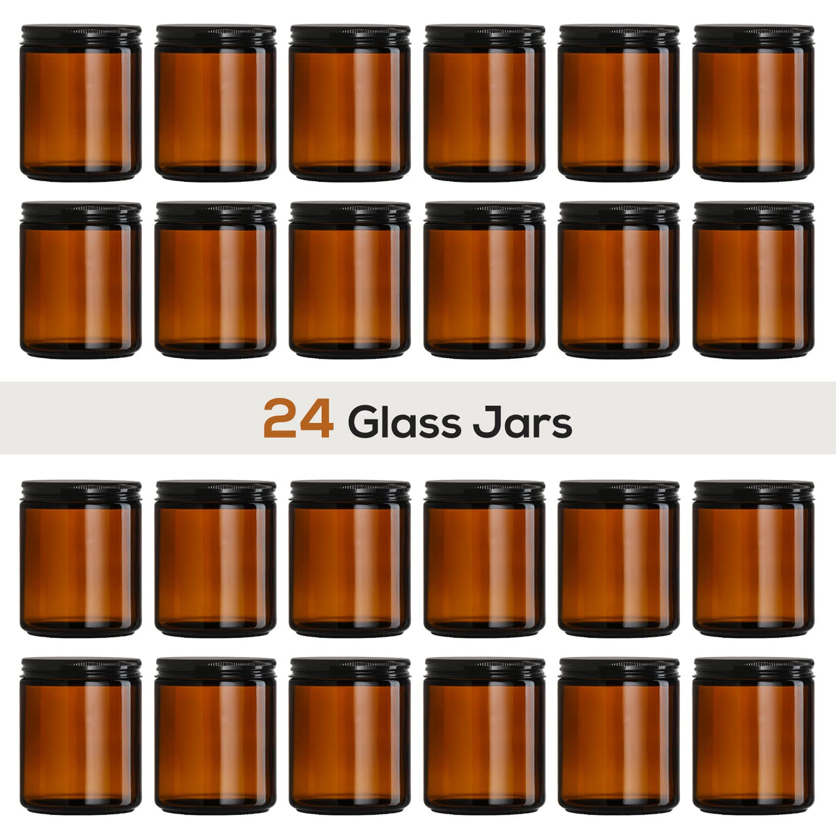24 Pack, 8 OZ Thick Amber Candle Jars for Making Candle - Round Glass Jars with Lids - Empty Food Storage Containers, Canning/Mason Jar For Spice, Powder, Liquid, Sample - Leakproof & Food Grade