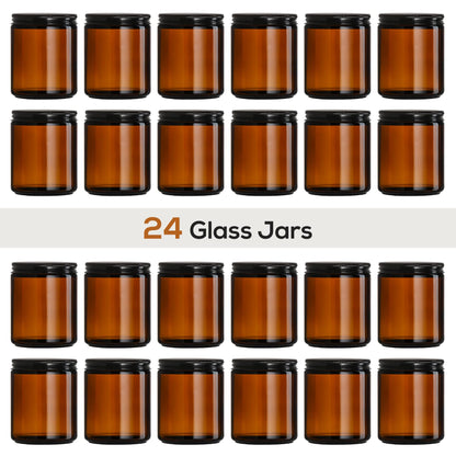 24 Pack, 8 OZ Thick Amber Candle Jars for Making Candle - Round Glass Jars with Lids - Empty Food Storage Containers, Canning/Mason Jar For Spice, Powder, Liquid, Sample - Leakproof & Food Grade