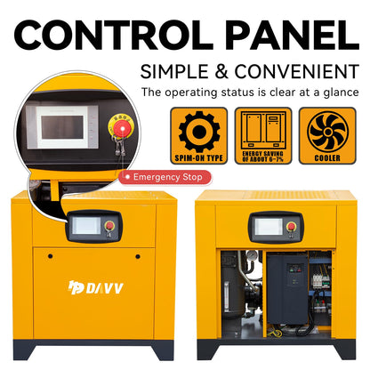 DAVV Rotary Screw Air Compressor, Variable Frequency Motor, 208-230V, 20HP/15KW Single/Three-phase Compatible, 81CFM/115PSI, Base Mounted Industrial Air Compressor System