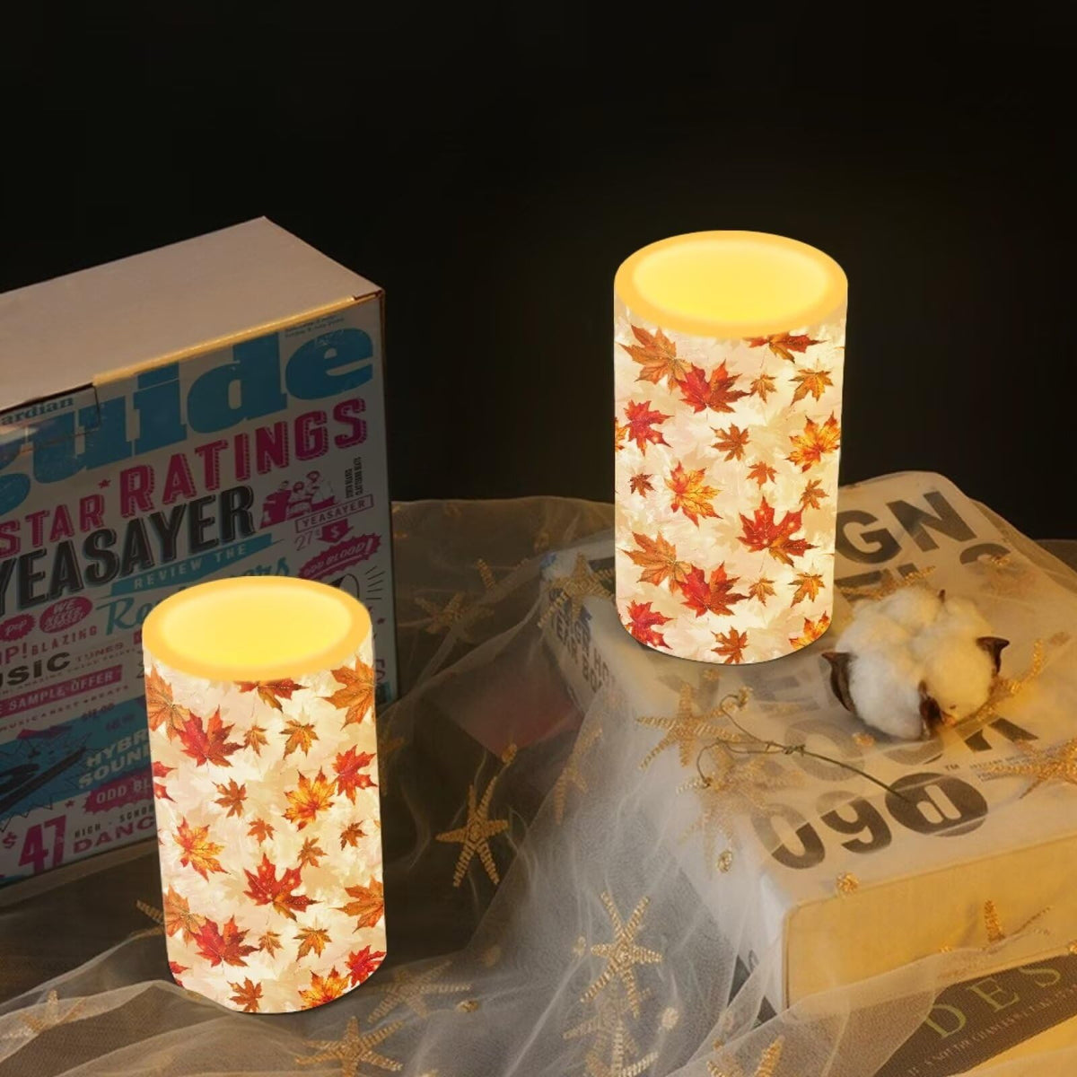 Luarisgur Maple Leaf Decorative Fall Candles for Home Decor Flameless Candles with Remote and Timer LED Candles Flickering Battery Operated Fake Candle for Thanksgiving Holiday Party Room Table Decor