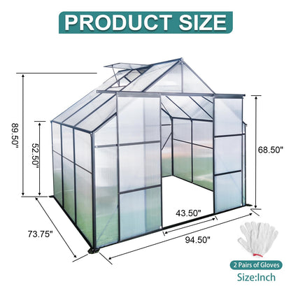 Ball & Cast 8X6 FT Greenhouse for Outdoors,Double Sliding Door Polycarbonate Raised Plant Base with Drainage System & Galvanized Frame,Backyard Anchor Aluminum Heavy Duty Walk-in Green Houses,Black