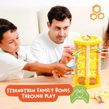 Nene Toys BeeFall Jumbo 4-in-1 Wooden Honey Bee Toy for Kids Ages 3-9 - Educational Game with Wooden Honeybee Hive 12 Bees Colorful Sticks Dice &amp Cards - Fun Family Game for Cognitive Developm