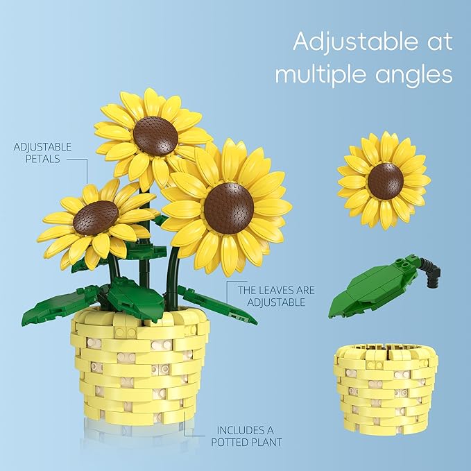 Xbert Sunflower Building Set Botanicals Potted Plant Artificial Flowers Fake Indoor Flowers for Home Office Bedroom Desk Decor - Gifts for for Women Adults