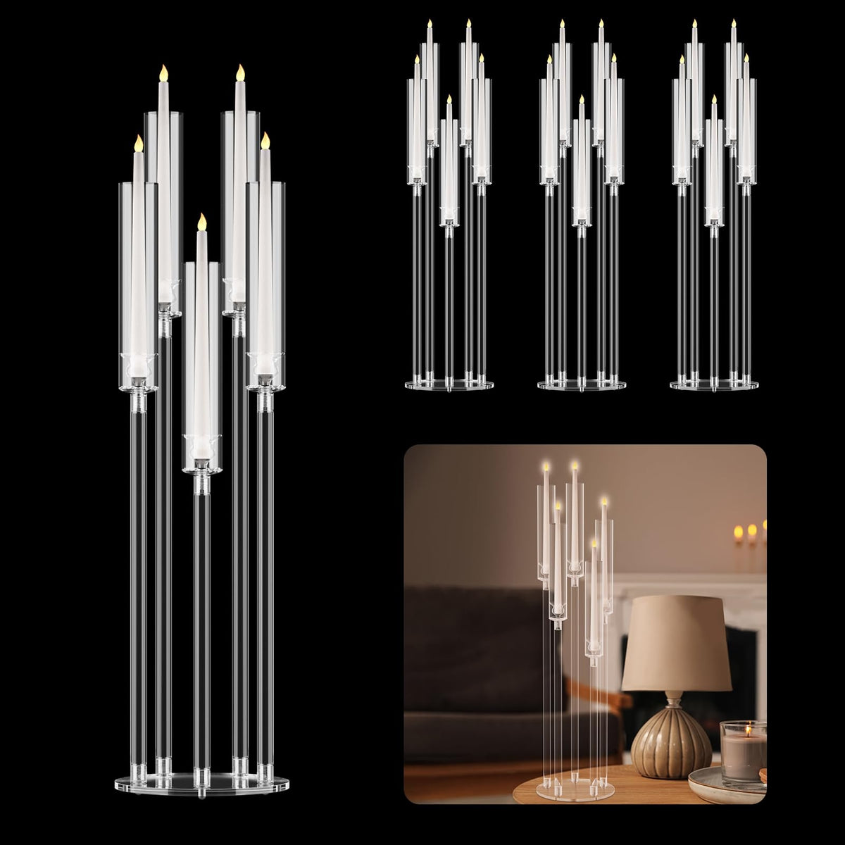 4 Pack Acrylic Candelabra Centerpieces, 5 Arm Clear Candlestick Holder with Acrylic Shade, 3 Height Adjustable Taper Candle Holder for LED Candles (Diameter ≤0.86”), Wedding Table Decoration 8pcs