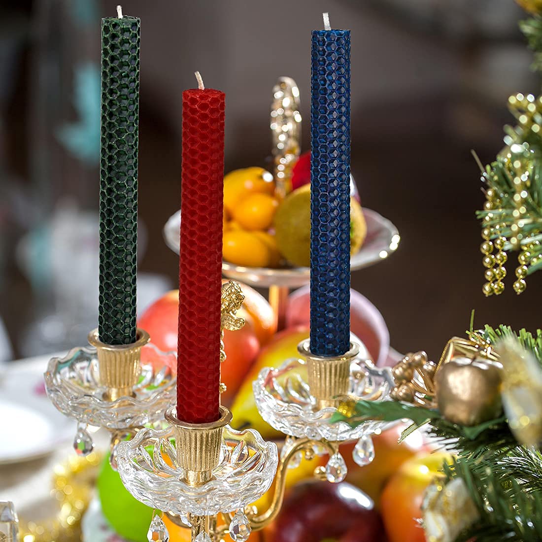 DEYBBY Natural Beeswax Taper Candles,Honeycomb Design Hand-Rolled Beeswax Candles, Dripless and Smokeless, Set of 6 Flat Top (Blue)