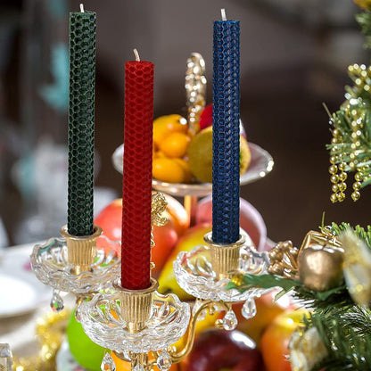 DEYBBY Natural Beeswax Taper Candles,Honeycomb Design Hand-Rolled Beeswax Candles, Dripless and Smokeless, Set of 6 Flat Top (Blue)