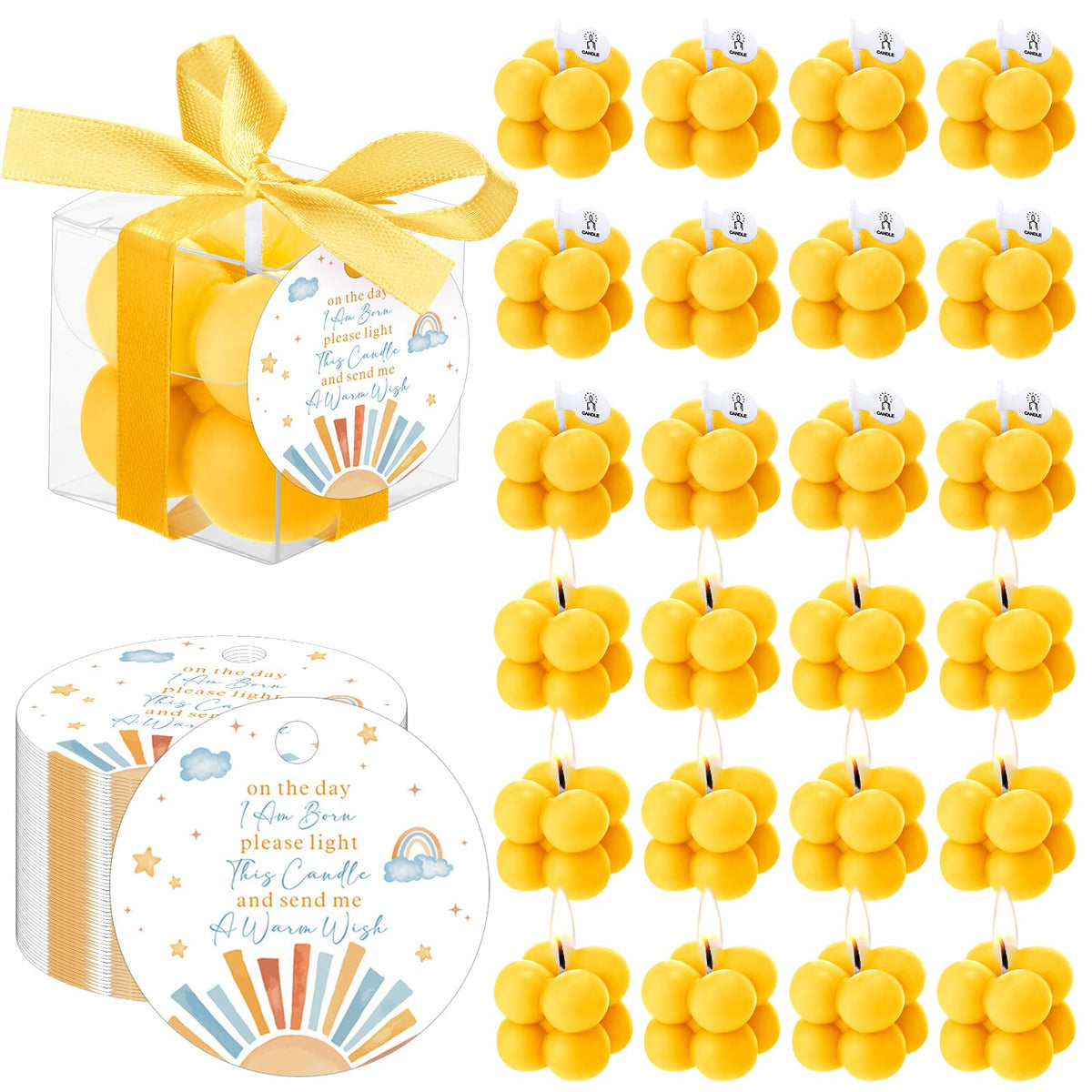 MTLEE 24 Sets Here Comes the Son Baby Shower Favors Small Bubble Candle for Guests Tea Candles Bulk with Stylish Ribbons Cards Gifts Party Decoration(Yellow, Sun)