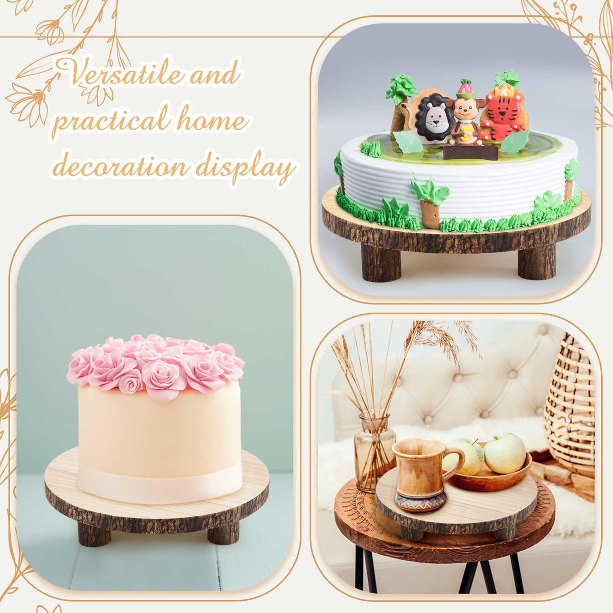 Roowest 2 Sets Wood Cake Stand, 9'' and 10'' Rustic Wooden Slice Boards Round Cake Holder for Party Wedding Birthday Event Farmhouse Dining Room Table Decor Centerpieces Home Decorations