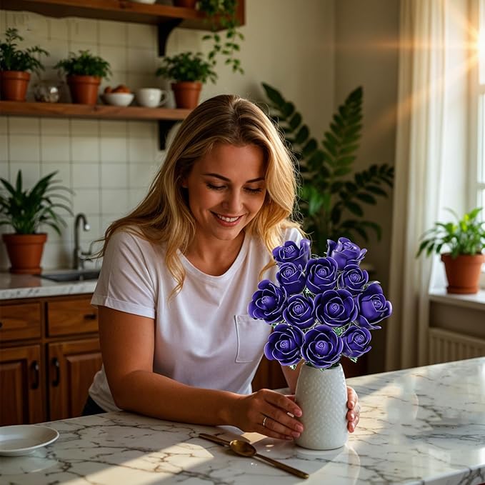 Purple Rose Bouquet Building Set for Girls &amp Boys - 12 Pack Botanical Collection Gift for Easter Basket Artificial Flowers Botanical Collection Centerpiece Retro Decor