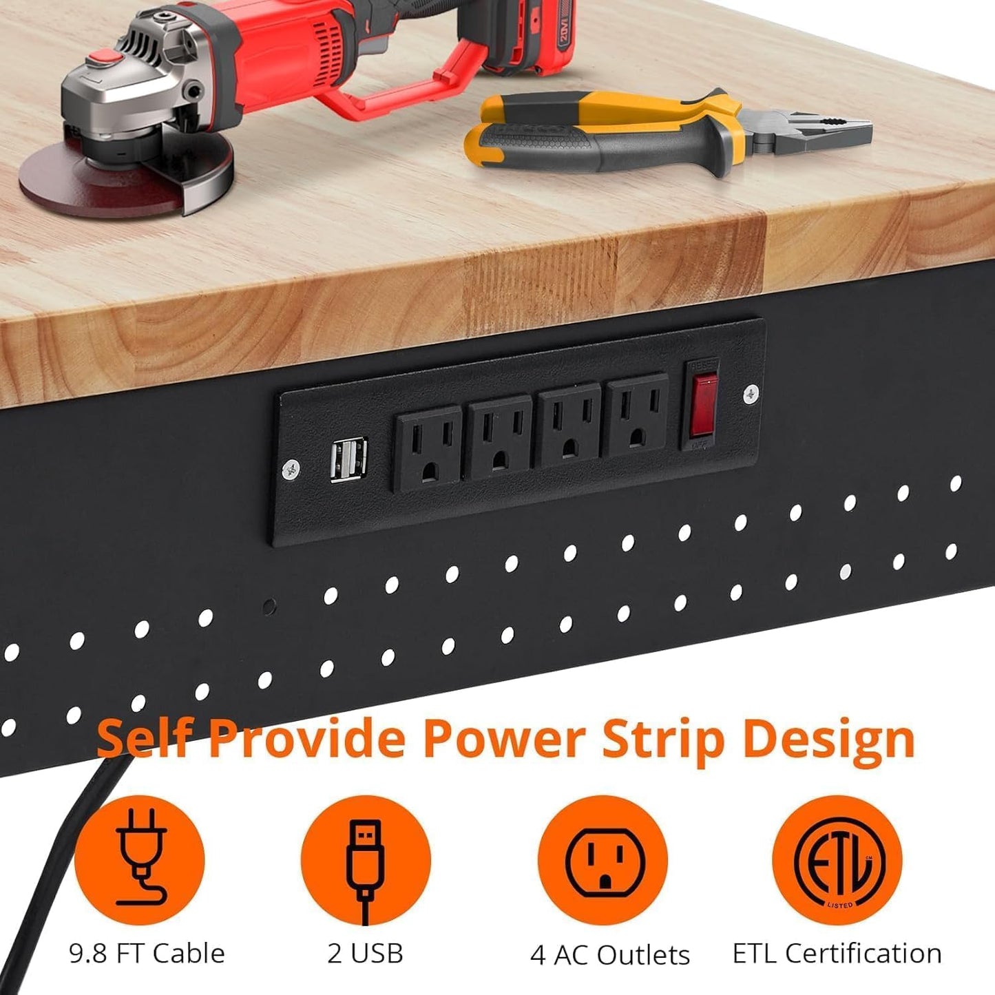 60" Adjustable Workbench with Wheels, Heavy Duty Mobile Work Table, 2000LB Capacity, Hardwood Top, Power Outlets, Rolling Garage Workbench for Workshop, Craft, Office