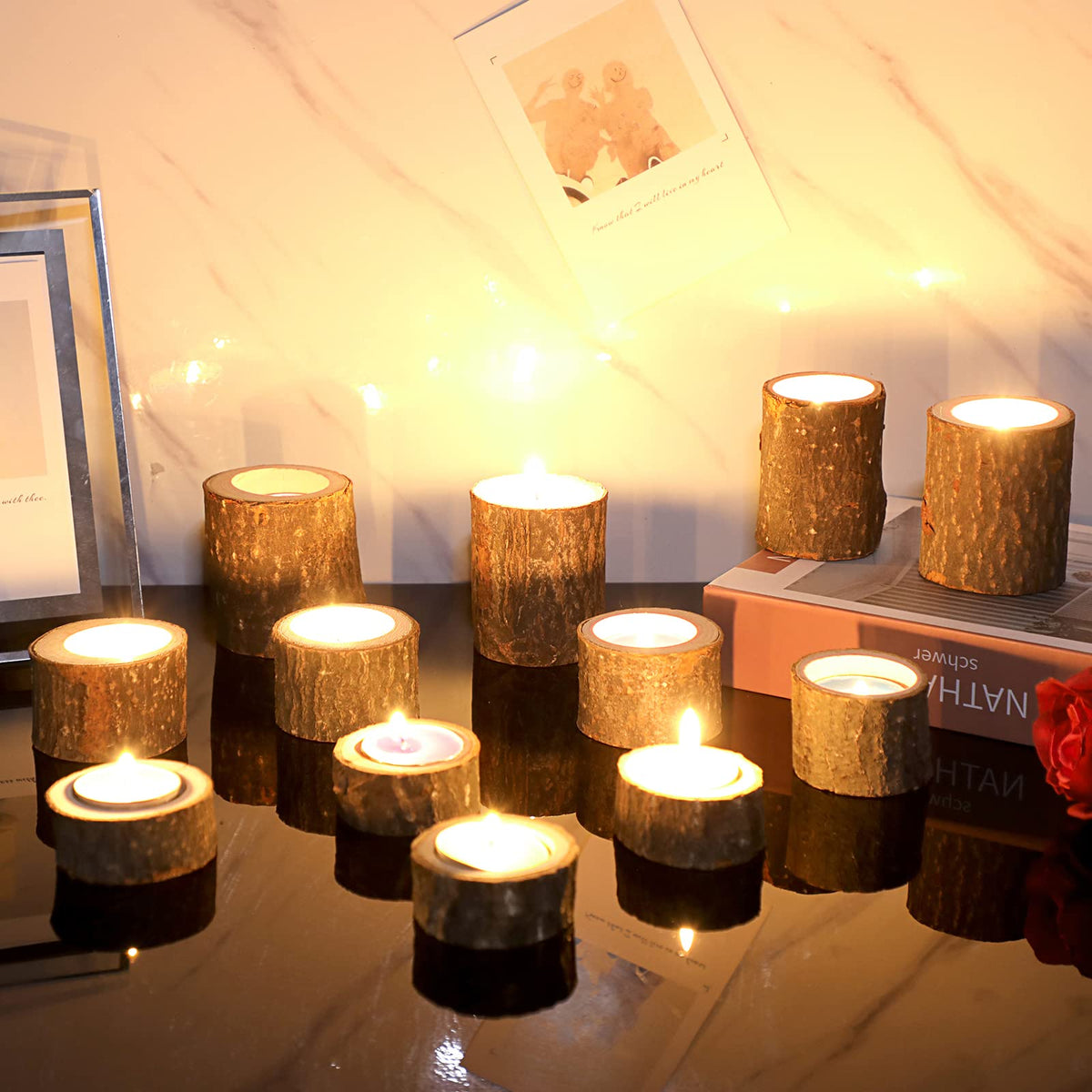 OwnMy Set of 12 Wooden Tea Light Candle Holders Votive Candle Holders, Rustic Pillar Candle Stands Vintage Wood Tealight Holders Set for Wedding Party Dining Table Centerpieces, 1" + 1.6" + 2.7"