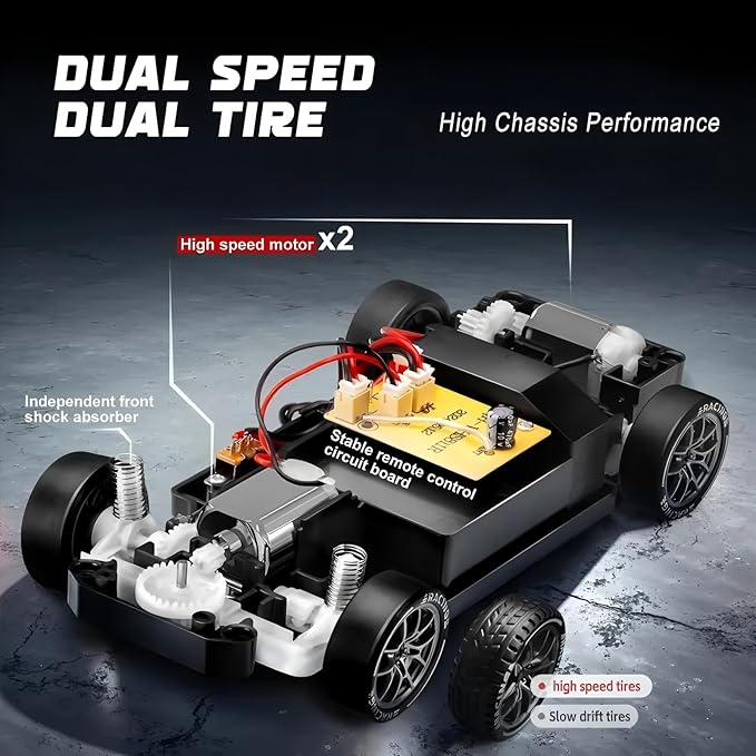 1:24 Scale RC Drift Car with LED Lights 25km/h 4WD High Speed Dual Batteries 50+ Min Play 2.4GHz Remote Control Multi-Surface Drift Tires Racing Toy Vehicle for Adults Boys Girls Storm Drive