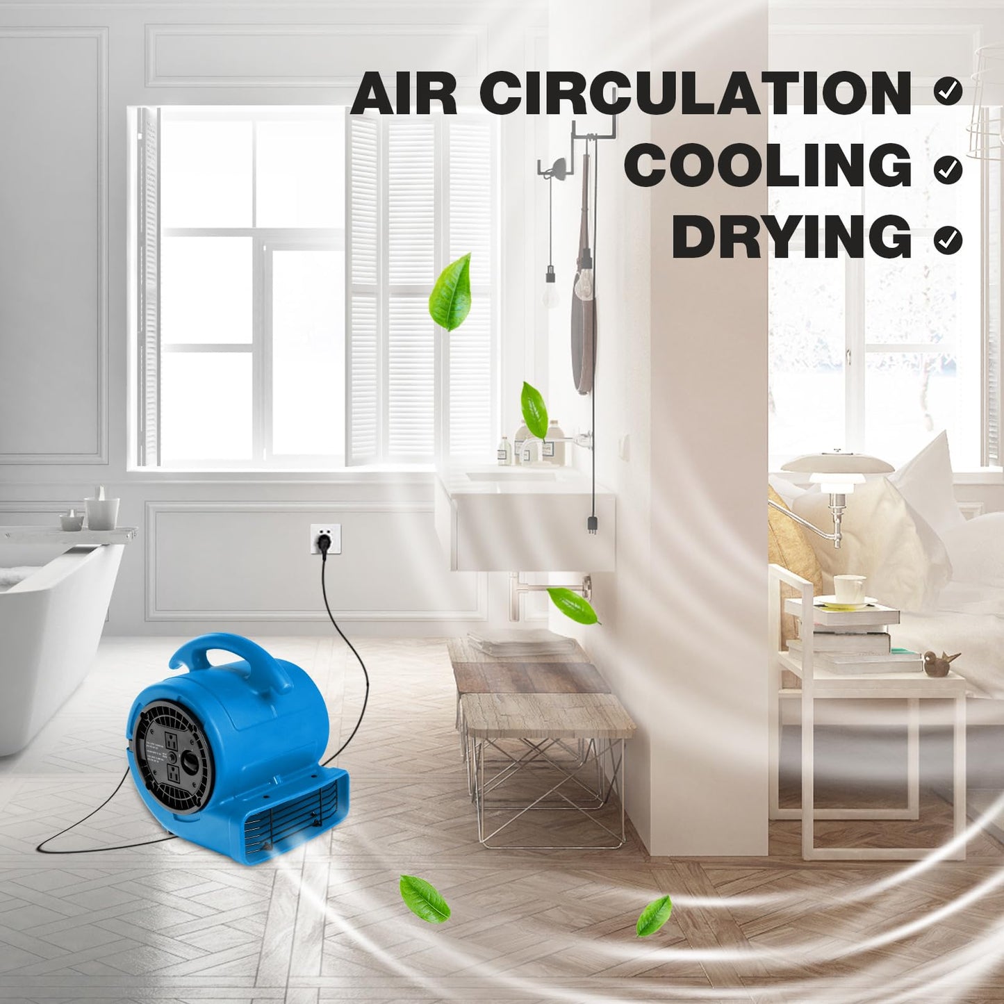 MOUNTO 1/5hp Air Mover 800cfm Blower Fan Carpet Floor Drying Fan - 3-Speed Compact Air Mover w/Dual Outlet, 10ft Power Cord for Drying, Cooling, Air Circulation (Blue)