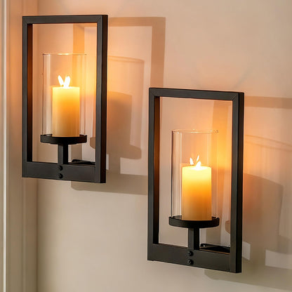 Walasis Black Candle Sconces Wall Decor: Set of 2 Wall Candle Holder with Hurricane for Living Room Hallway - Wall Mounted Minimalism Decorations Metal Morden Style Frame for Home