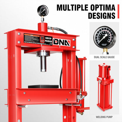 DNA Motoring 30 Ton Air Hydraulic Shop Press with Plates, H-Frame Garage Floor Press, 30T / 66139lbs, Adjustable Working Table Height, TOOLS-00292, Red
