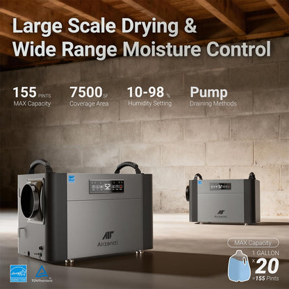 Airzentti 155 Pints Commercial Dehumidifier for Basement with Pump and Drain Hose, Large Space Dehumidifier for Crawl Space, Attic, Garage, Home, Industrial, Water Damage, Auto Defrost, Energy Star