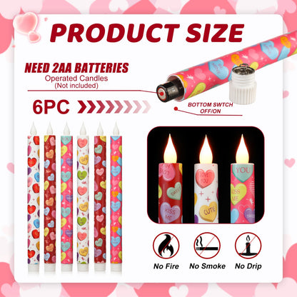 LCZLUMIPRO Valentine Taper Candles, 6 Pcs 10.6 Inch Flameless LED Candlesticks with Remote & Timer, Battery Operated Conversation Heart Decor for Valentine‘s Day Dinner Anniversary Wedding Table Decor