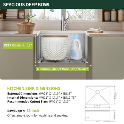 SINKVINE 23-inch Undermount Laundry Utility Sink - 23x19x13 Extra Deep Stainless Steel Single Bowl Basin with Drain Strainer, Bottom Grid & Drying Unit for Laundry Room, Outdoor, Garage, Kitchen Use