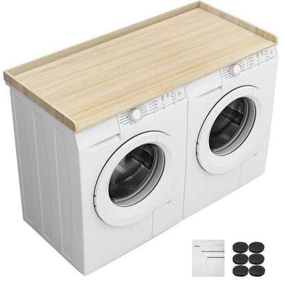 Toemics Washer Dryer Countertop, 27.5" x 54" Laundry Room Organization Shelf with Edge Rails for Washer and Dryer, Durable Melamine Finish, Non-Slip Pads, and 3 Laundry Bags, Oak