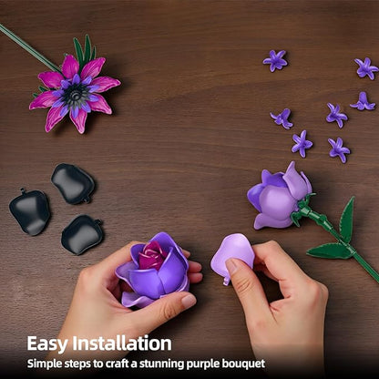 Purple Rose Flowers Bouquet Building Set - Valentines Decor Compatible with Lego Flowers for Adults Women - Gothic Home Office Table Centerpiece Decor Halloween Christmas Valentine's Gift