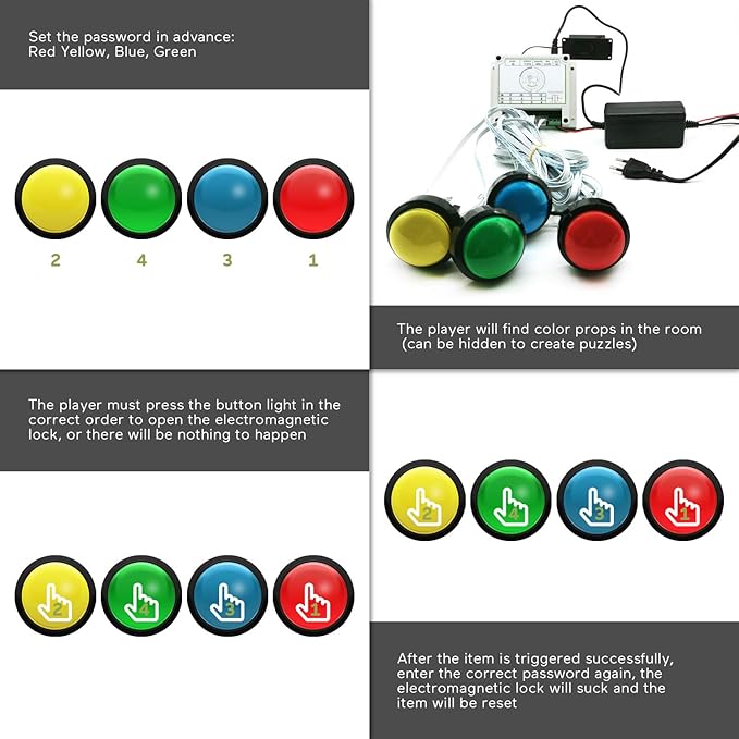 Escape Room Props 5 Colors Buttons Mechanism Press It In Order To Control 12V Magnet Lock For Exit Game Owner Player Adventurer (7 Buttons No Audio)