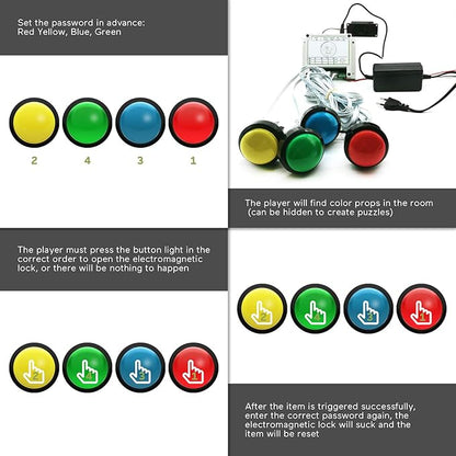 Escape Room Props 5 Different Colors Buttons Mechanism Press It In Order To Control 12V Magnet Lock For Exit Game Owner Player Adventurer (5 Button No Video)