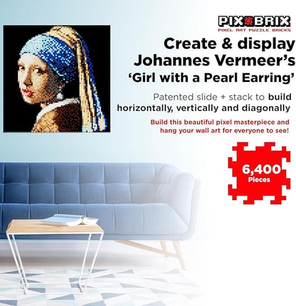 Pix Brix Pixel Art kit Puzzle Bricks - Girl w/Pearl Earring 6 400 Pieces - Patented Colorful Building Bricks to Recreate This Famous Print Create Builds Without Water Iron or Glue