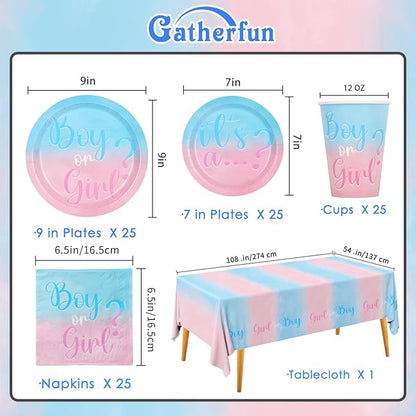 Baby Gender Reveal Party Supplies Boy or Girl Disposable Paper Plates Napkins Cups Tablecloth for Baby Shower Decorations Serve 25