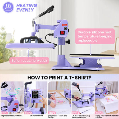 WHUBEFY Heat Press,8 in 1 Tshirt Printing Machine 15"x12" Digital Industrial Heat Transfer Machine,Sublimation Heat Press Machine for T Shirts/Mug/Cap/Plate/DIY (8 in 1 Heat Press(Purple))