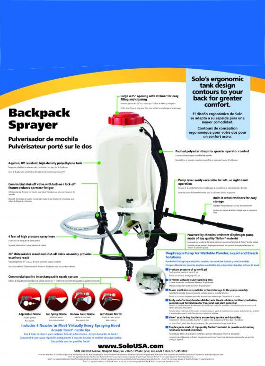 SOLO 475-B BACKPACK SPRAYER, 4 GALLON, DIAPHRAGM - BLEACH RESISTANT
