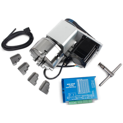RATTMMOTOR K12-130mm CNC Router Table Rotary Milling Machine Rotational Axis A 4th Axis, 4 Jaw Chuck Dividing Head, 4.5N.m Closed Loop Servo Motor+2HSS86 Driver