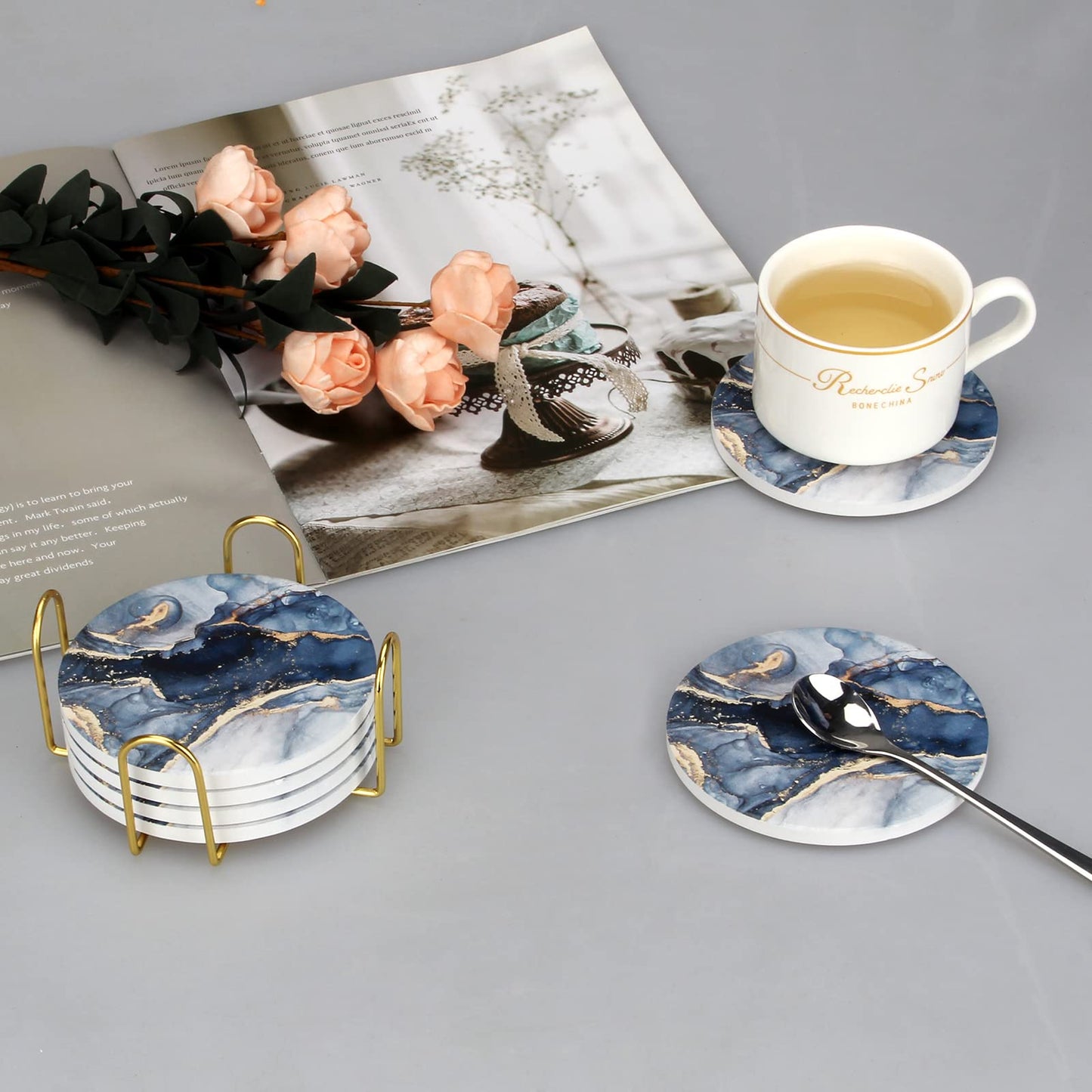 6 Pcs Navy Blue Marble Abstract Ceramic Coasters with Holder Best Absorbent Drink Coasters Round Ceramic Table Coasters Set Decorative Coffee Cup Beverage Coasters Wine Beer Bar Coasters