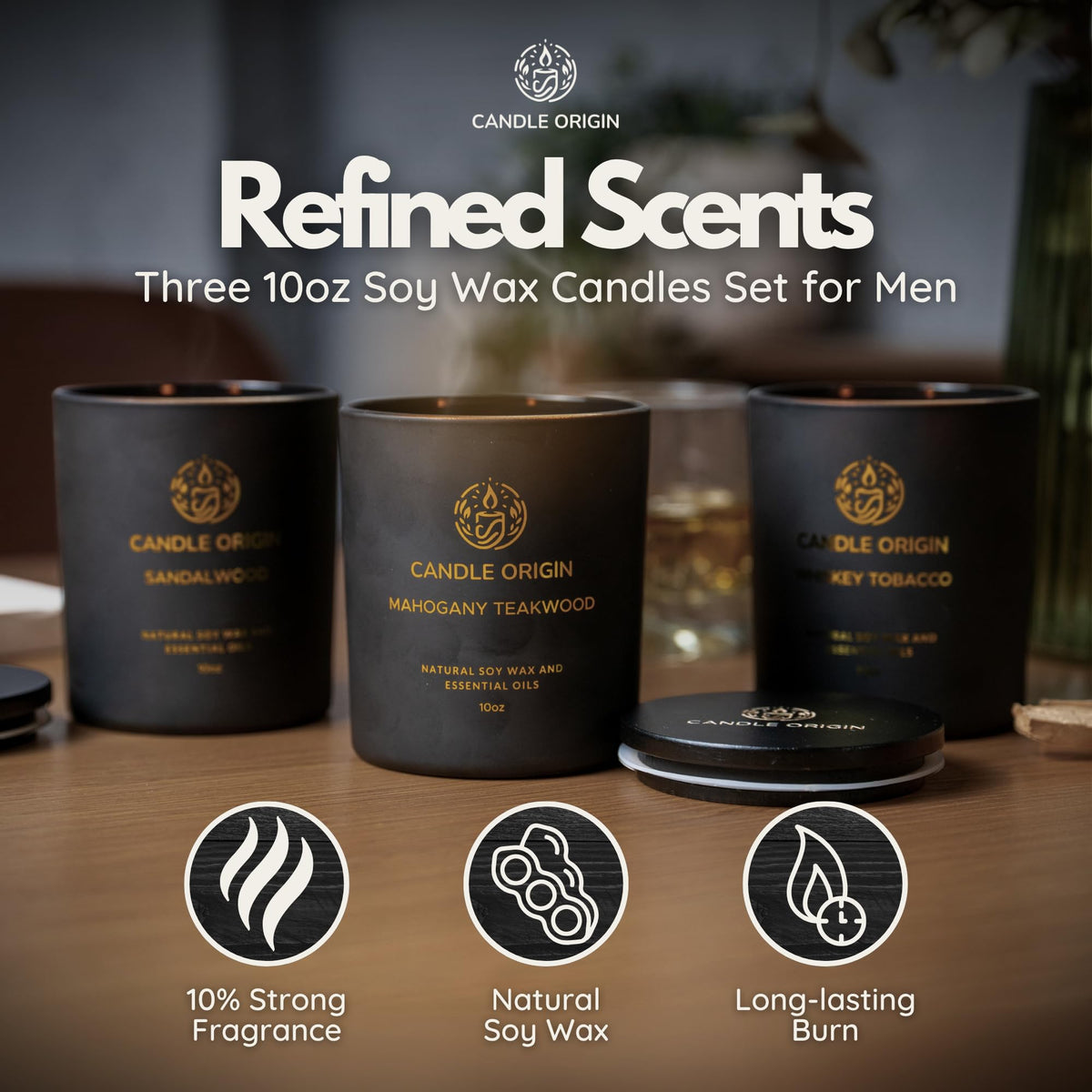 Luxury Candles for Men Gift Set (3×10oz) – Strong Masculine Scents (Mahogany Teakwood, Whiskey Tobacco, Sandalwood) – Long Lasting Soy Candles for Home, Man Cave Decor, Gifts for Him