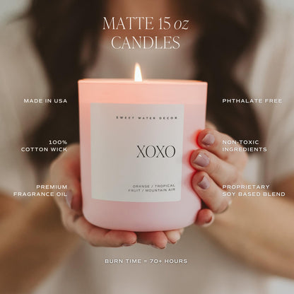 Sweet Water Decor XOXO Scented Candles - Soy Candles with Tropical Fruits, Lemons & Redolent with Lightly Exotic Mountains Greens - Candle Wax with 70 Hours Burn Time - 15Oz Pink Matte Jar Candles