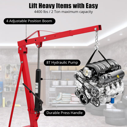 PioneerWorks Engine Hoist 2 Ton, Heavy Duty Steel Hydraulic Shop Engine Crane, Folding Hydraulic Tilting Engine Lift with 360 Degree Swivel Wheels for Ports, Warehouses, Garage, Factory